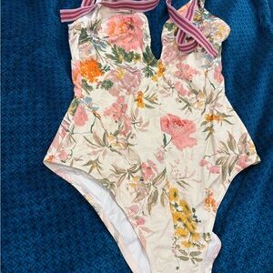 Floral One-Piece Swimsuit with Striped Straps